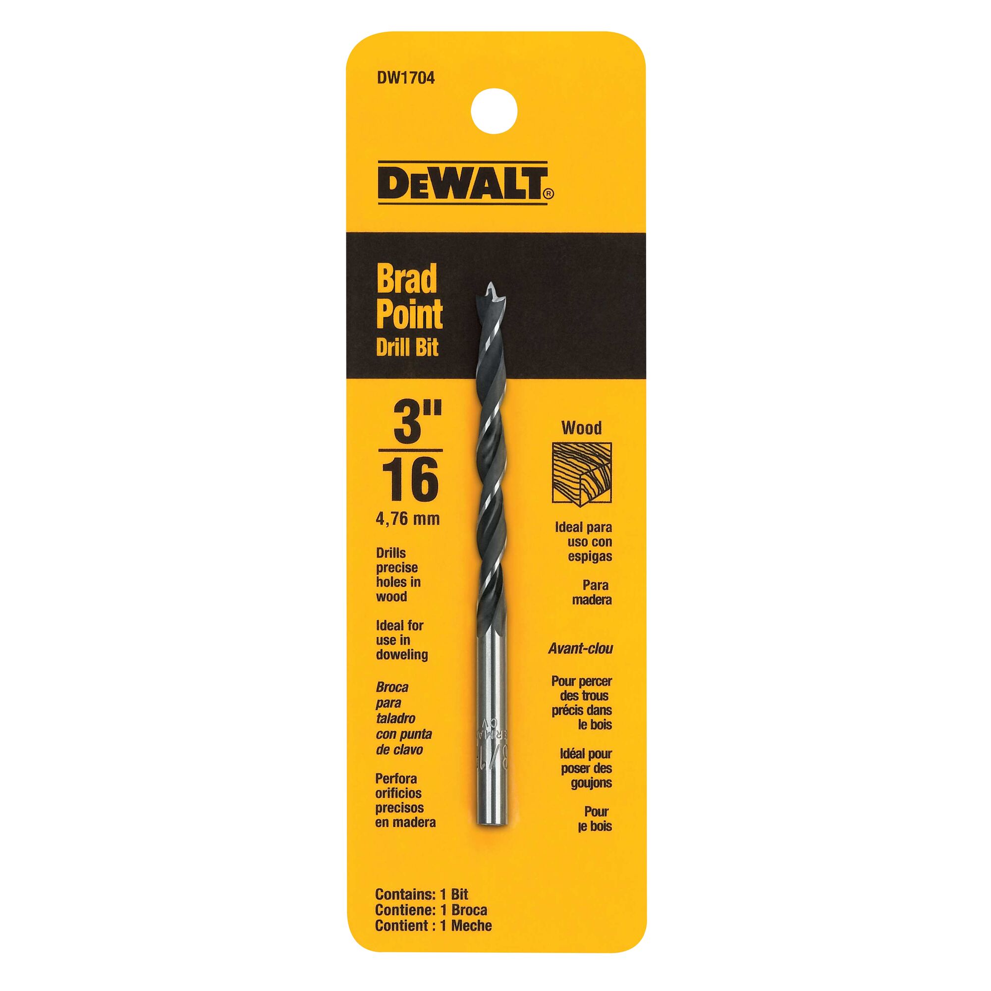 DEWALT DW1704 — Mèche à pointe de centrage pour bois, 3/16 po 2 DW1704