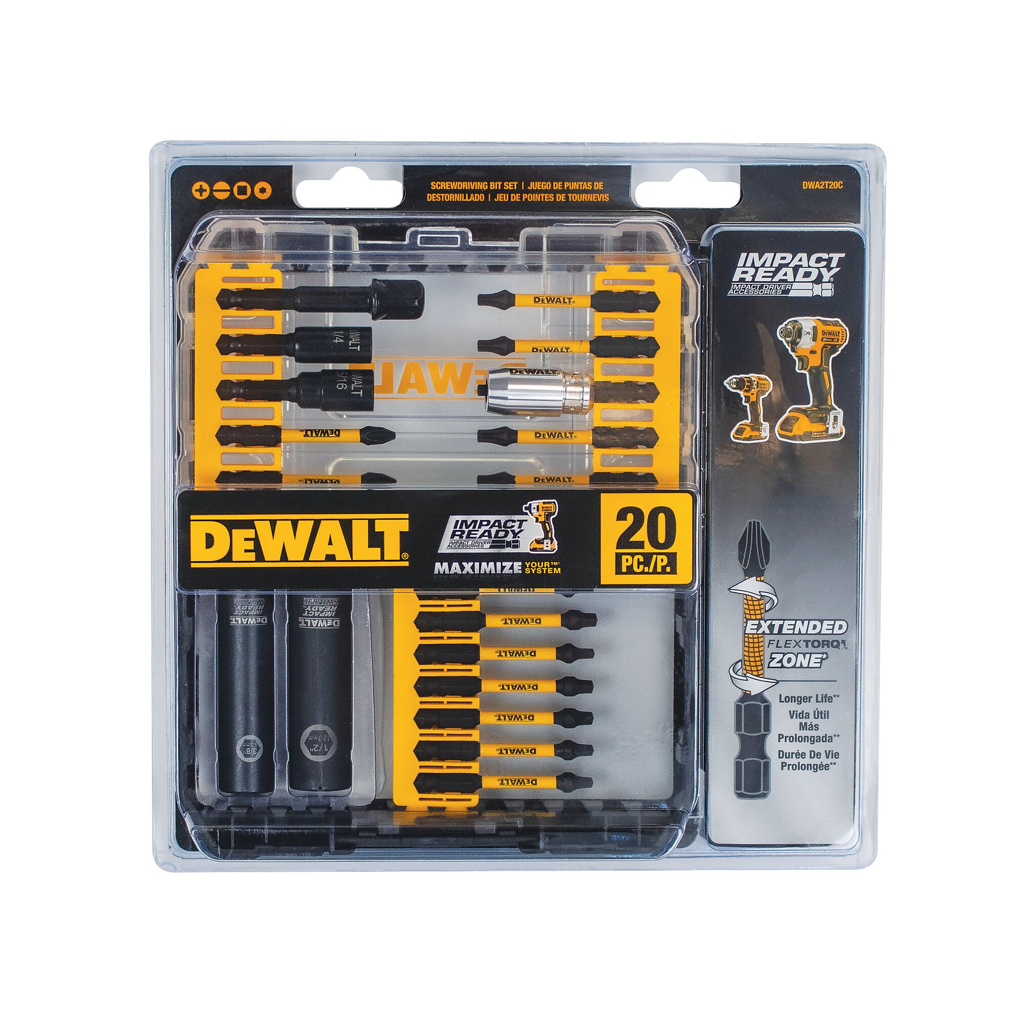 DEWALT DWA2T20C — Ensemble de 20 accessoires FLEXTORQ IMPACT READY avec boîtier 2 DWA2T20C