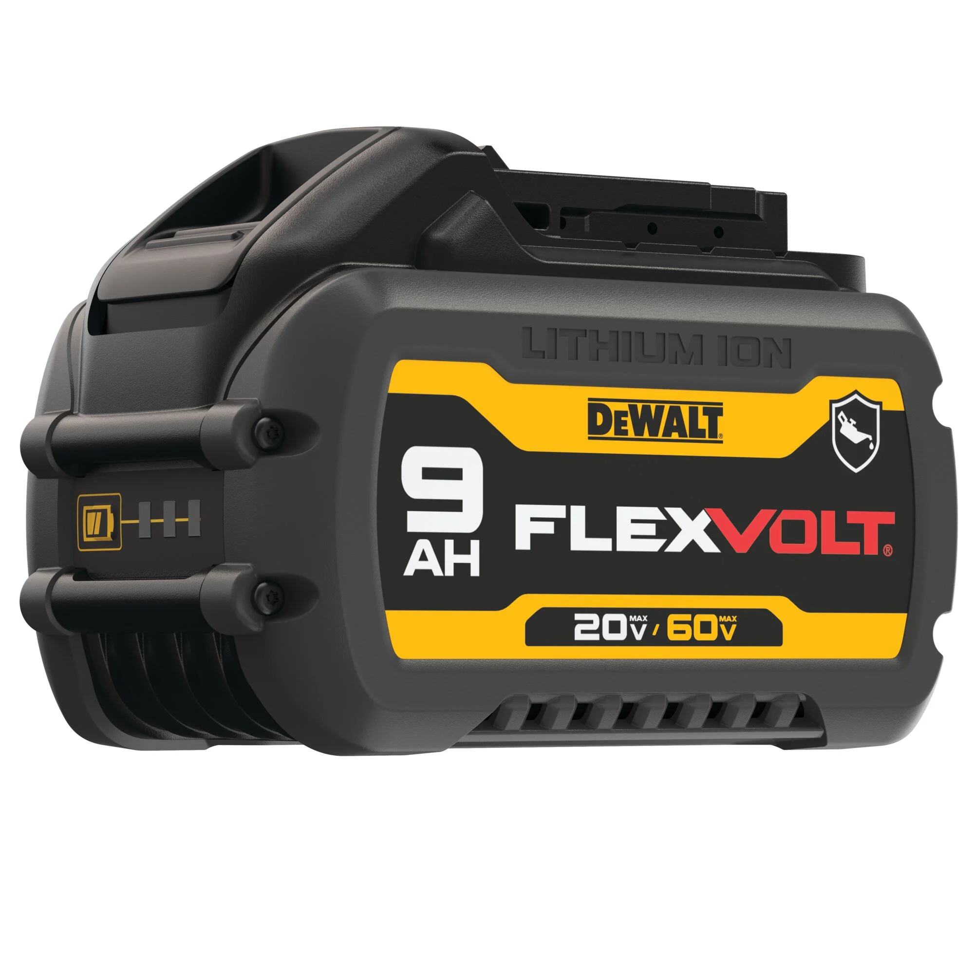 Batterie FLEXVOLT résistante aux huiles 20 V/60 V MAX 9 Ah – DEWALT DCB609G 1 Batterie DEWALT DCB609G FLEXVOLT 9 Ah résistante aux huiles, vue de trois quarts