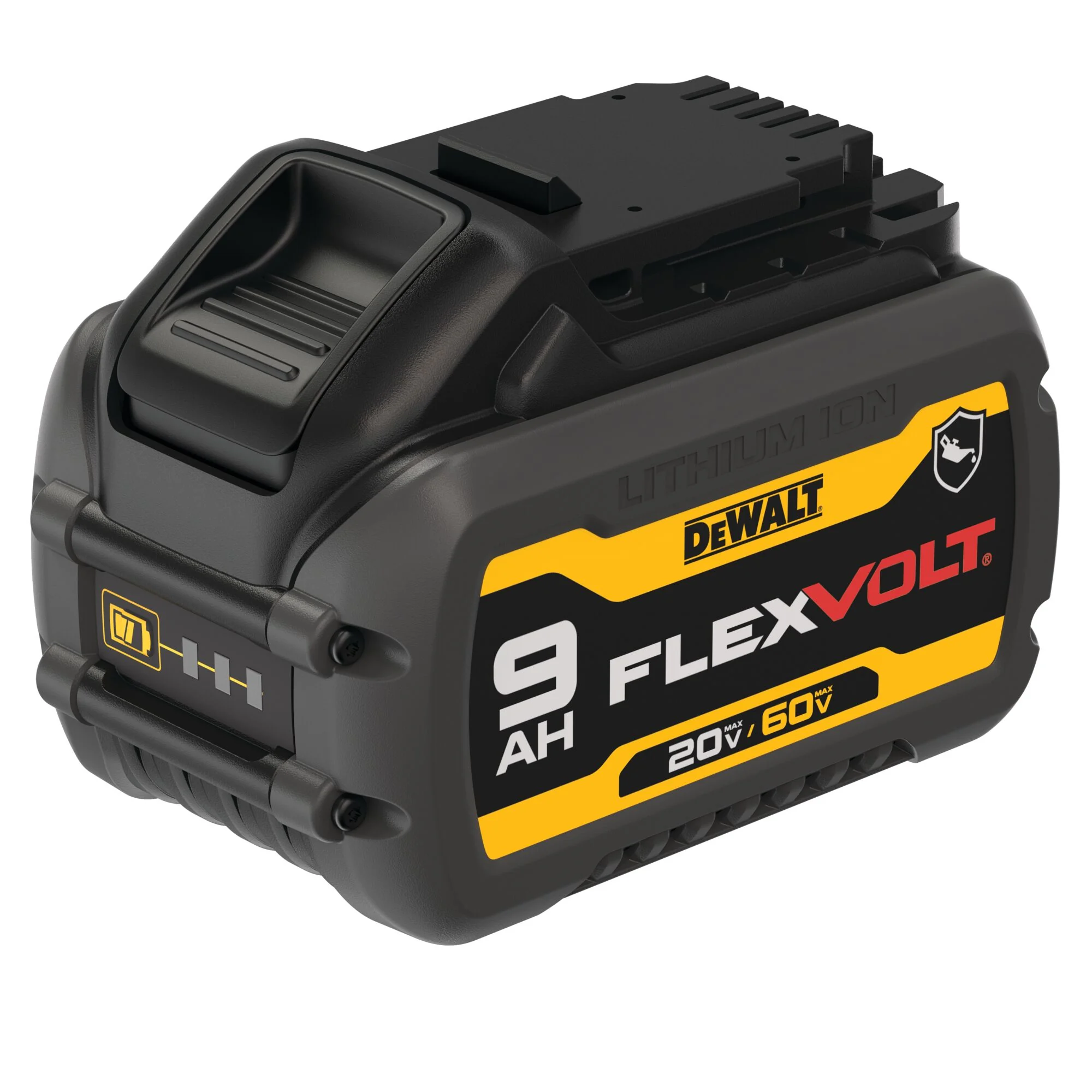 Batterie FLEXVOLT résistante aux huiles 20 V/60 V MAX 9 Ah – DEWALT DCB609G 3 Batterie DEWALT DCB609G, vue des rails de fixation et de l’indicateur de charge