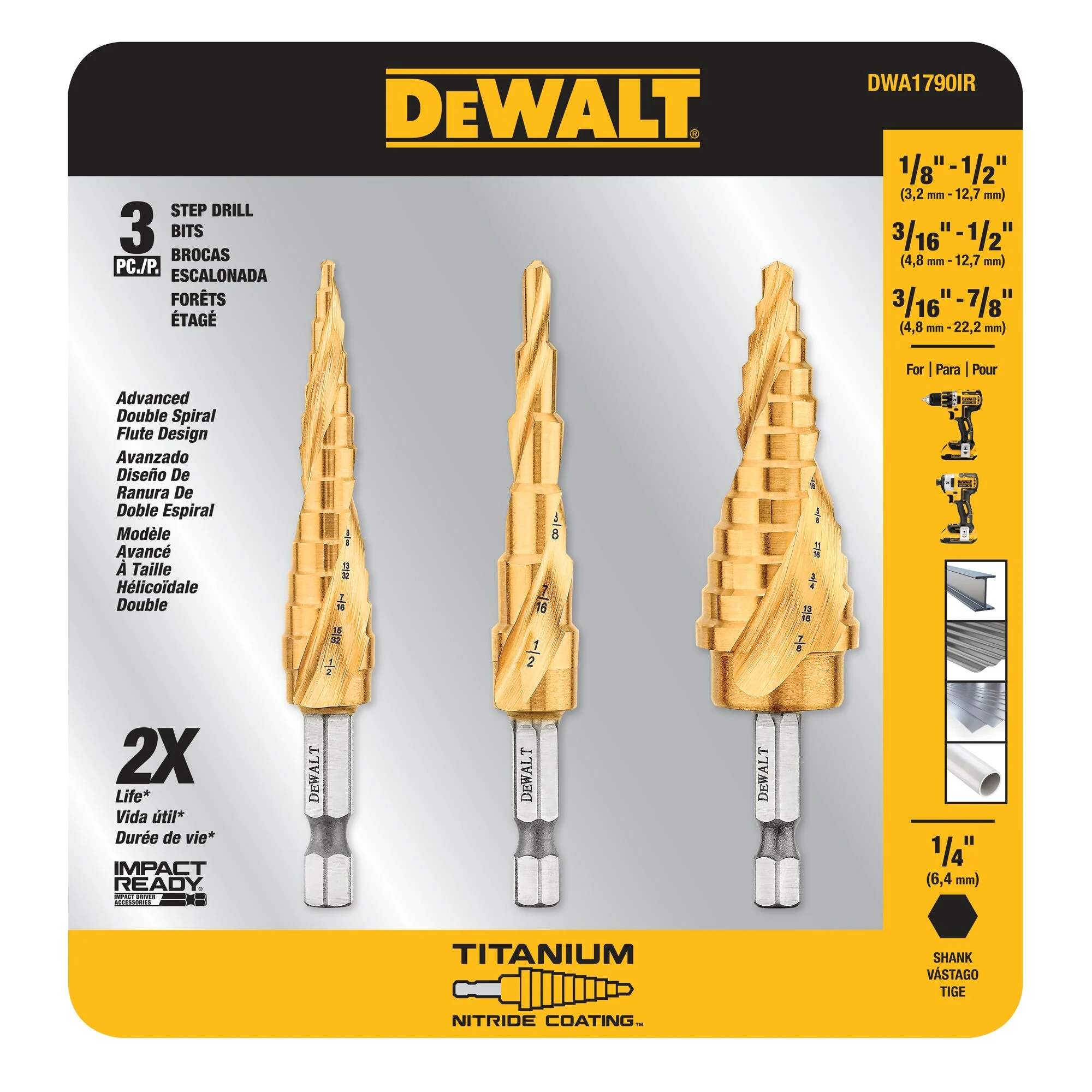 Ensemble de 3 forets étagés IMPACT READY au nitrure de titane – DEWALT DWA1790IR 2 Emballage du jeu de trois forets étagés DEWALT DWA1790IR