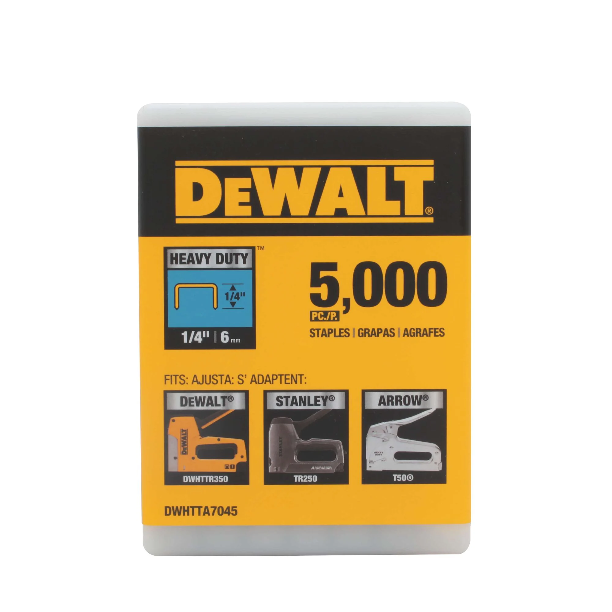 Agrafes robustes de 1/4 po, boîte de 5 000 – DEWALT DWHTTA7045 1 Agrafes robustes de 1/4 po, boîte de 5 000 – DEWALT DWHTTA7045 – emballage