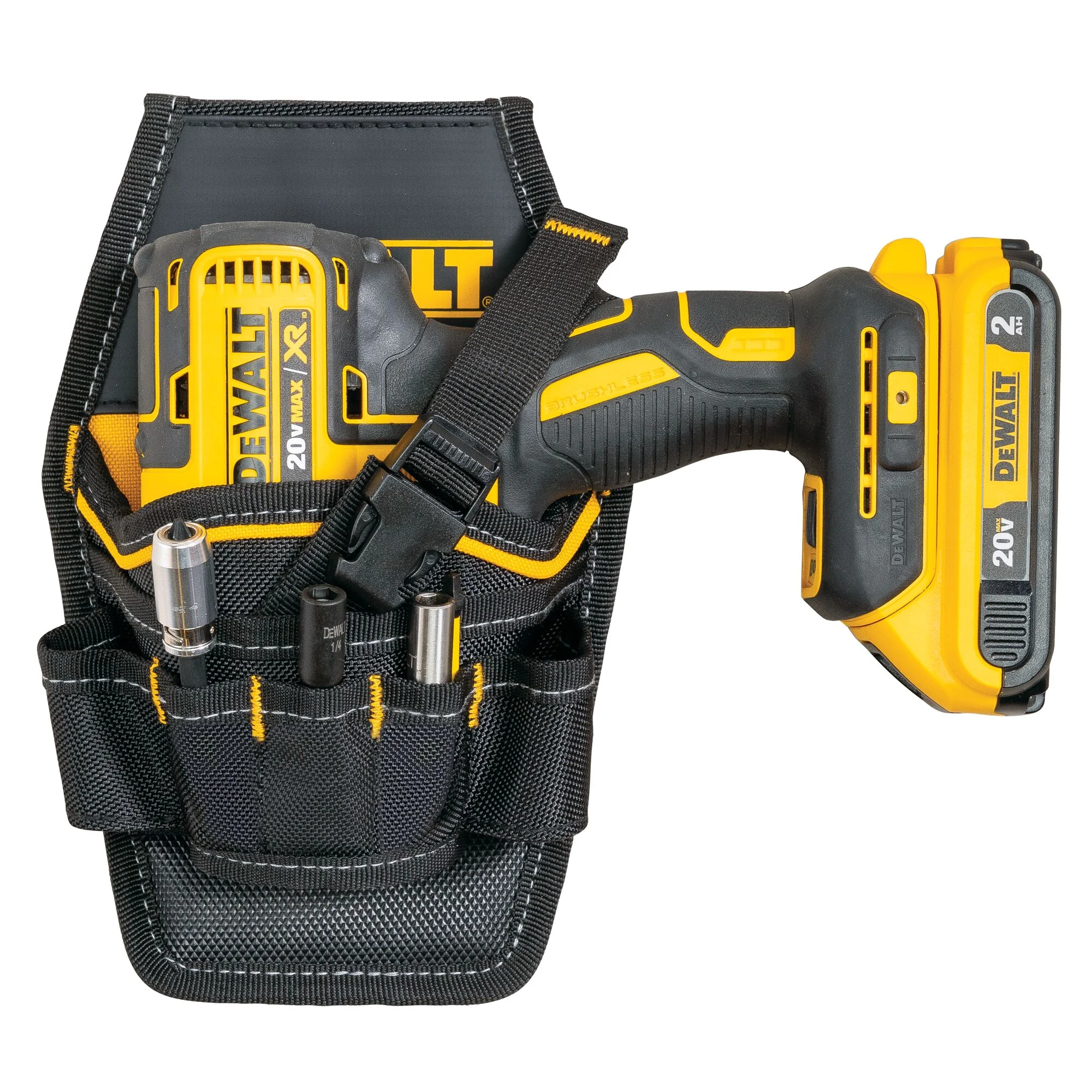 Étui professionnel ambidextre pour perceuse – DEWALT DWST540501L 2 Étui DEWALT DWST540501L illustré avec une visseuse et des accessoires non inclus